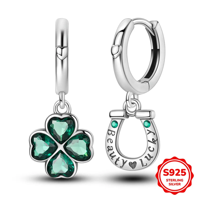 

925 Sterling Silver Earrings Women Horseshoe Four-Leaf Clover Asymmetrical Hoop Earring For Anniversary Wedding Jewelry Gifts