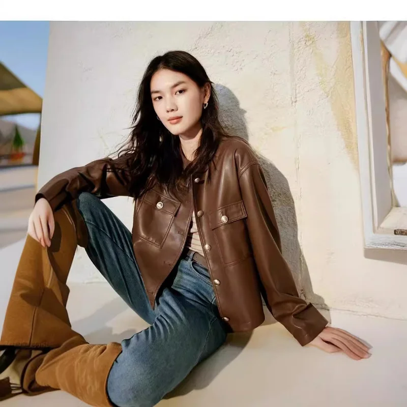 Maillard Brown Leather Jackets for Women 2024 Spring Exquisite Workplace Commuting Coats Round Neck Faux Leather Loose Clothes