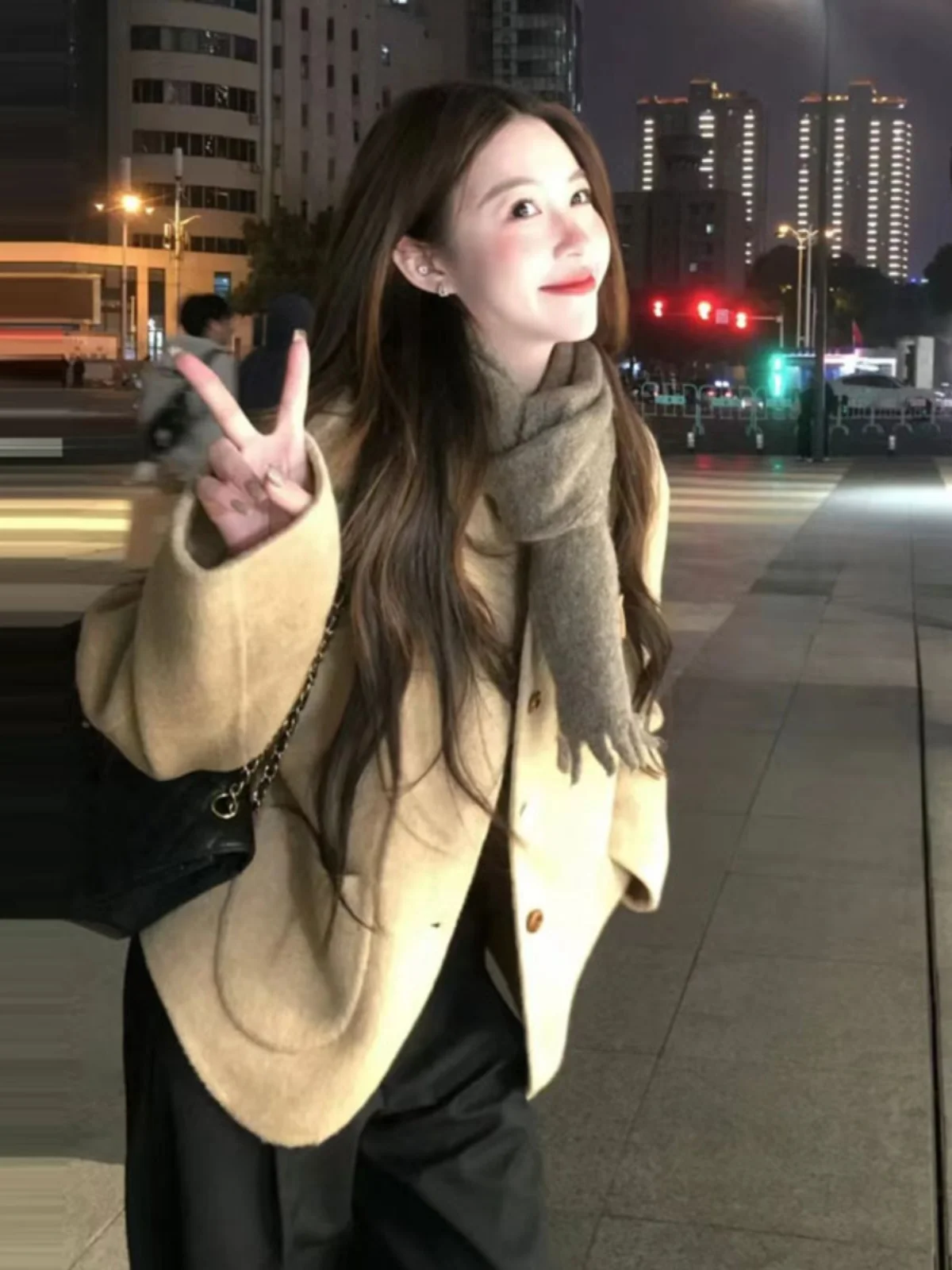 

Korean Style Short Woolen Coat Women's Double-Sided Wear Retro Spring New Arrival Button Detail Thickened Faux Fur Outerwear