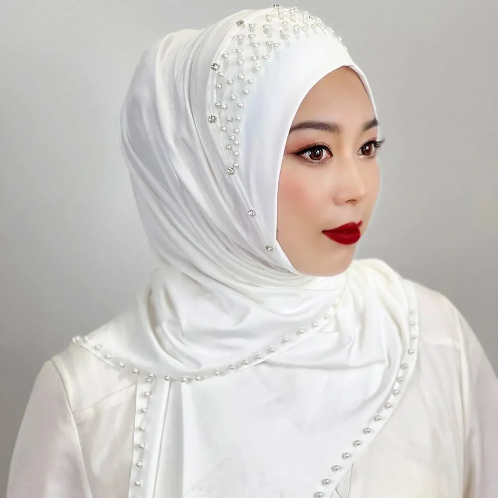 Islamic Beaded Muslim Hijab Solid Color Elastic Arabic Hijab Hats Soft Veil Turkish Head Wrap Scarf Woman