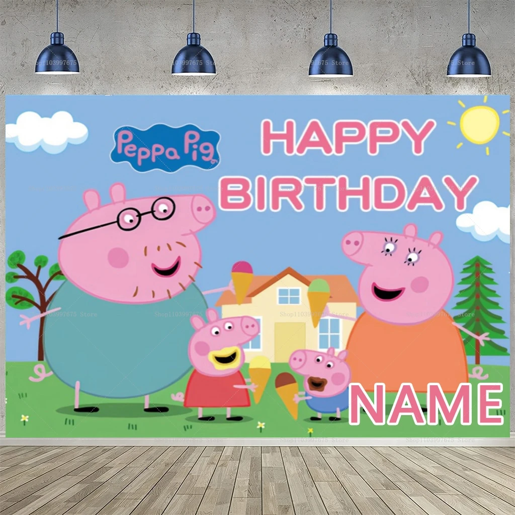 Custom Name Cartoon Peppa Pig Backdrops Baby Shower Children Birthday Party Decor Banner  Photo Booth Props Party Supplies view 3