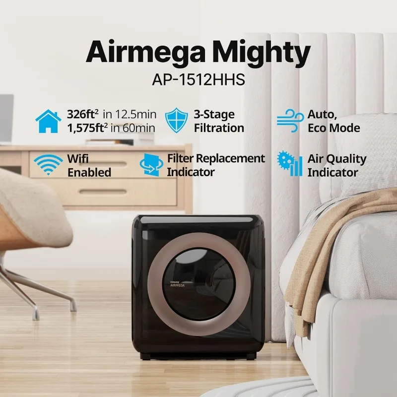 Coway Airmega AP-1512HHS App-Enabled Smart Technology, Compatible with Amazon Alexa True HEPA Air Purifier, Black/Bronze