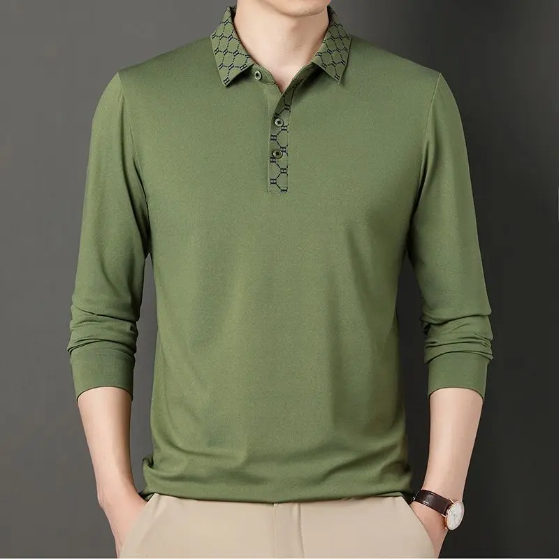 

Spring Autumn Polo-Neck Solid Color Slim All-match Male Clothes New 2023 Long Sleeve Thin Elegant Shirts for Men Business Top