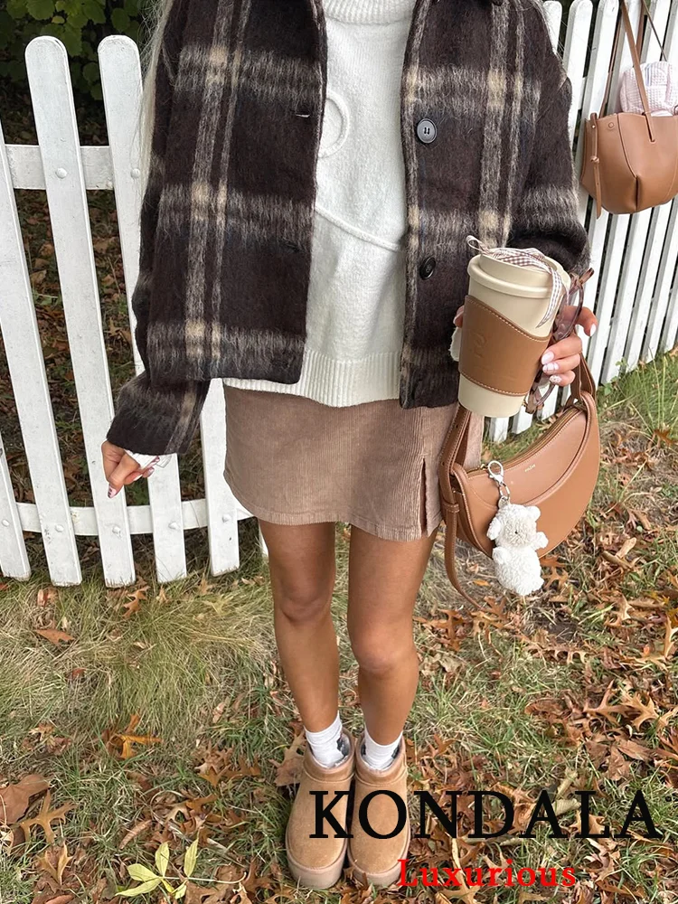 

KONDALA уличная одежда шикарные куртки клетчатые однобортные короткие куртки с длинными рукавами новая мода 2025 осеннее праздничное повседневное пальто