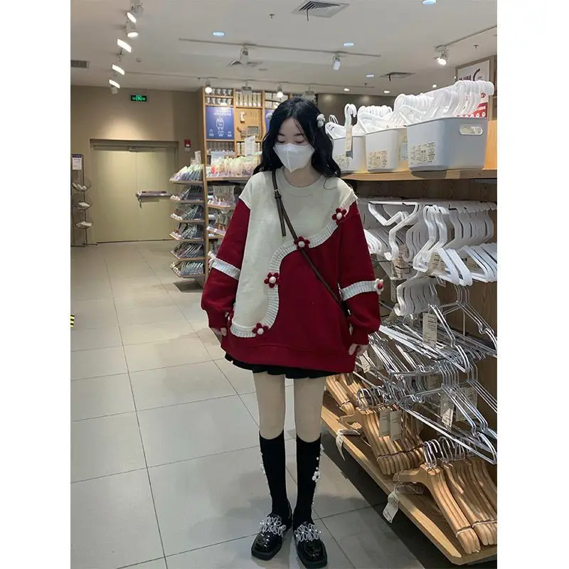 스웨트셔츠 청소년 여성 상의 디스트레스드 슈퍼 라지 캠퍼스 컬러 여름 컬러블록 다크웨어 라운지웨어 인기 있는 핏 O넥