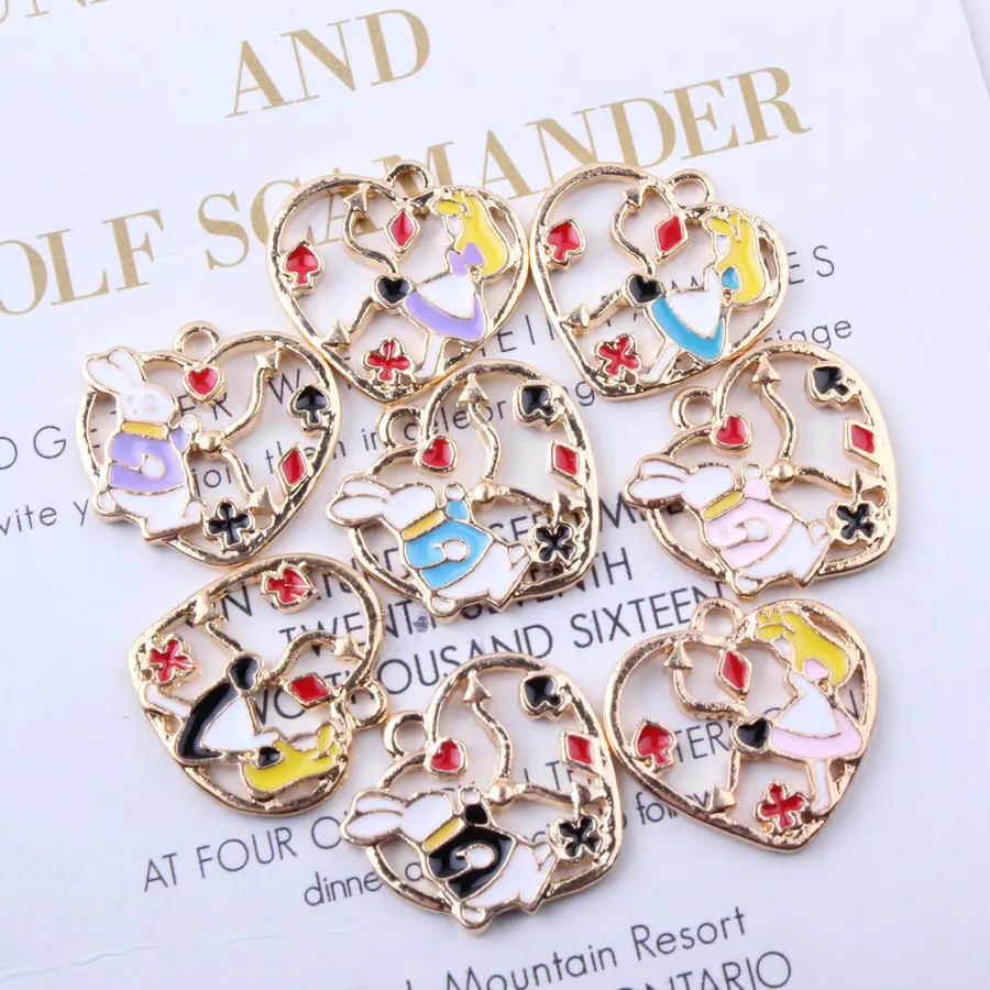 10pcs 16*26mm Diy Enamel Heart Alice In Wonderland Rabbit Charms Kc Gold Alloy Small Bracelet Pendant Korean Jewelry Accessories