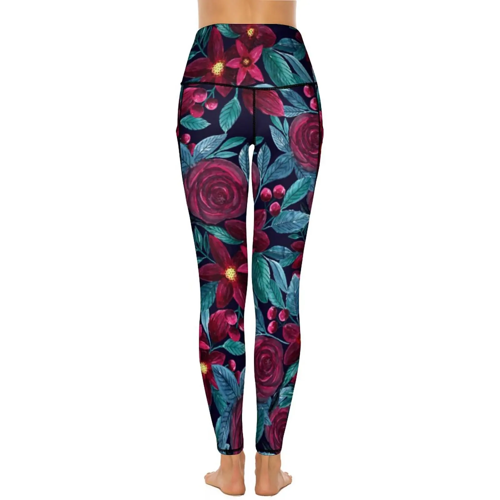 Elegant Roses Leggings Christmas Floral Print Gym Yoga Pants High Waist Casual Leggins Elastic Printed Sports Tights Gift