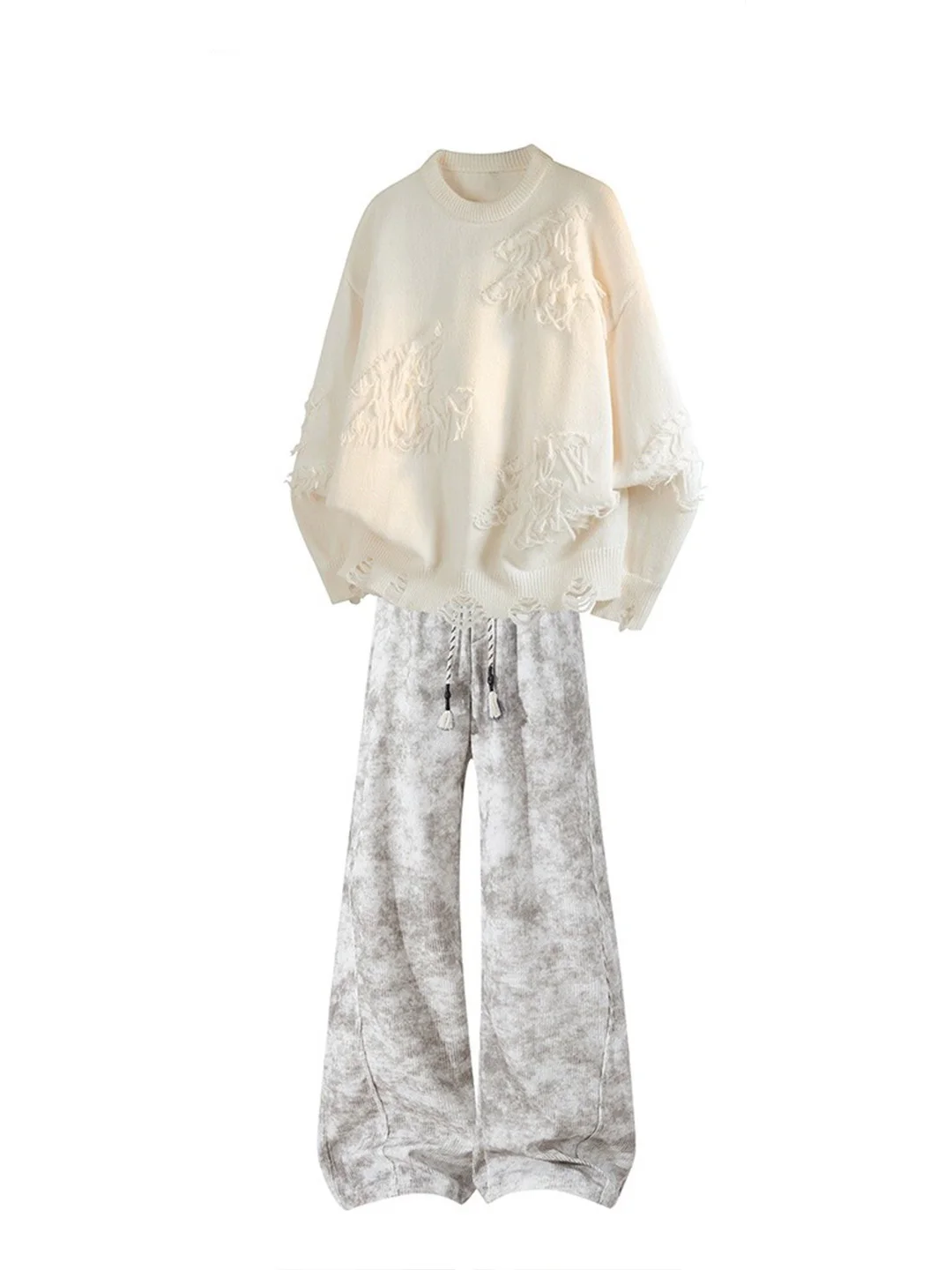 

Retro American Street Sle Men's Knitted Sweater Set with Tassel Hole Dyeing round Ne Casual Pants Autumn Winter Two-Piece...