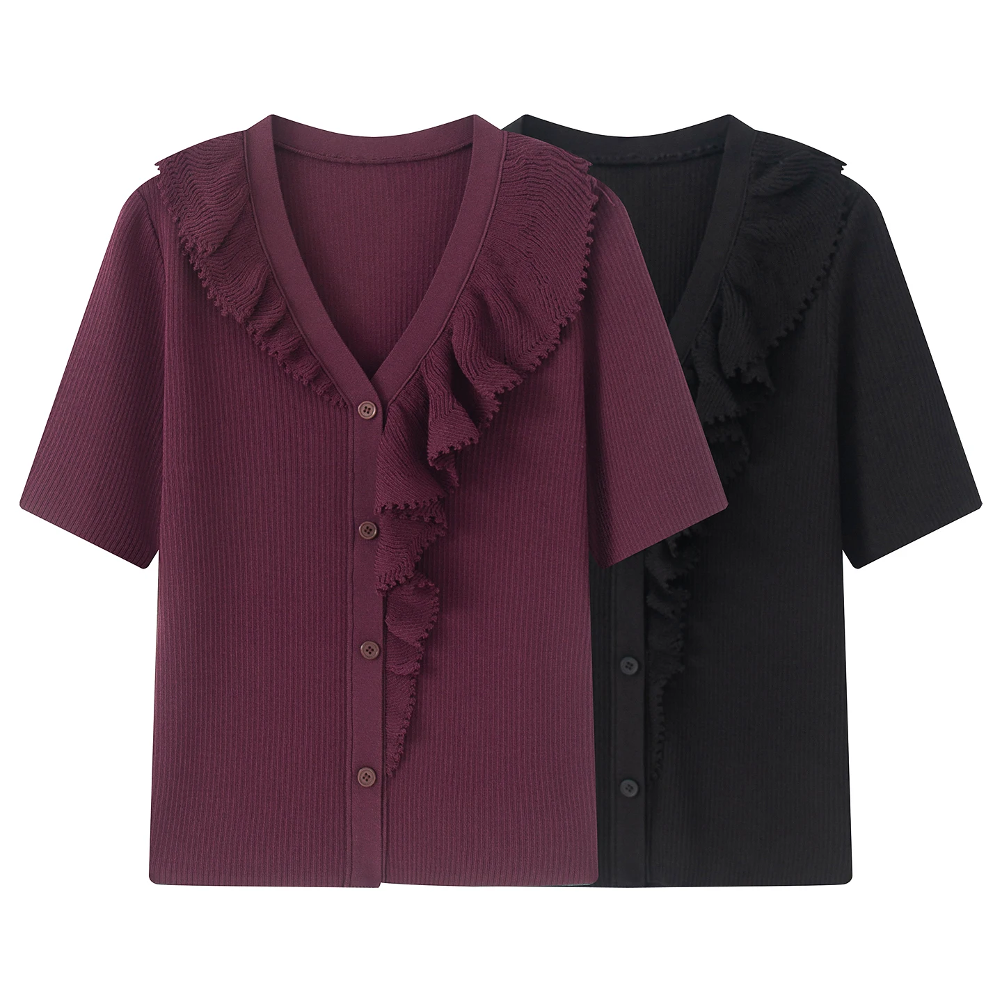 

Slimming V-Neck Splice Design Knitwear Short Sleeve Asymmetrical Wood Grain Aile Summer 2026 Women's Fashion Open Cardigan