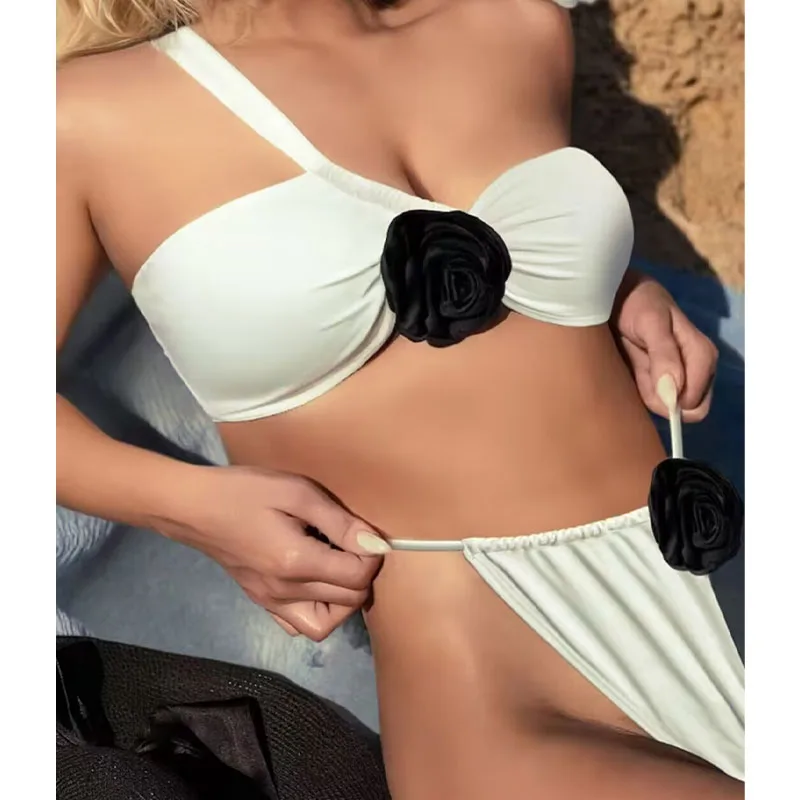 Deux pièces femmes 3D fleur une épaule Bikini ensemble femme taille basse maillot de bain fendu maillots de bain maillots de bain