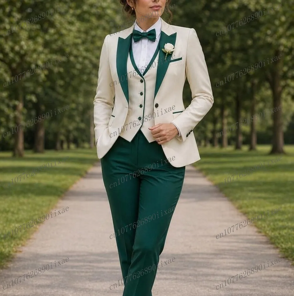 

White And Green Women Suits Lady Business Tuxedos Mother Wedding Party Formal Ladies 3 Piece Set Jacket Vest Pants