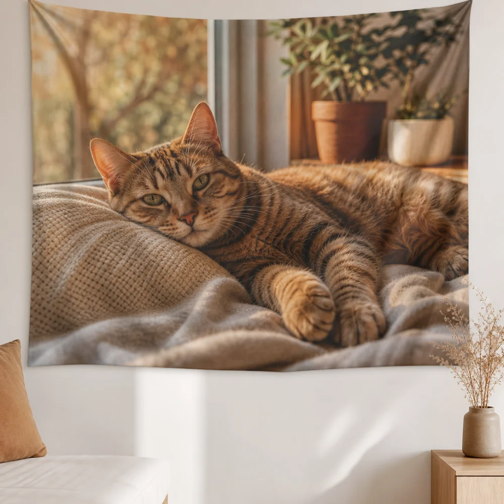 Afternoon Sunshine Window Orange Tiger Spotted Cat 150X100CM Customizable Tapestry Bedroom Healing Series Wall Background Cloth