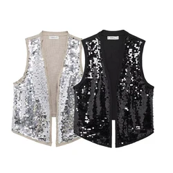 Willshela Women Fashion With Sequined Sleeveless Jacket Waistcoats Vintage V-Neck Vest Female Chic Lady Tank Tops