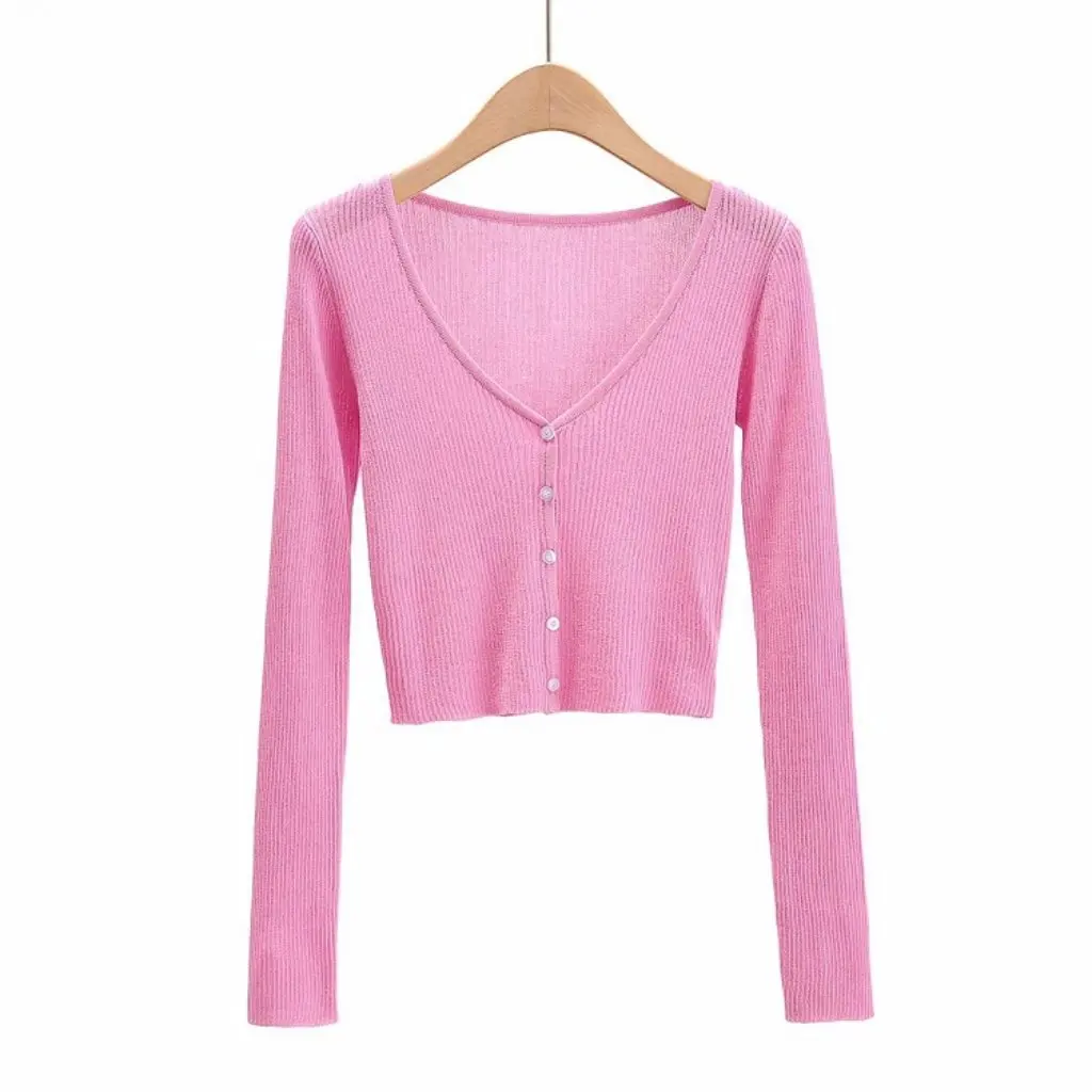 

YPFF Европейско-Американский солнцезащитный свитер с v-образным вырезом и длинными рукавами, повседневная блузка с кондиционером, летняя однобортная блузка с вырезами