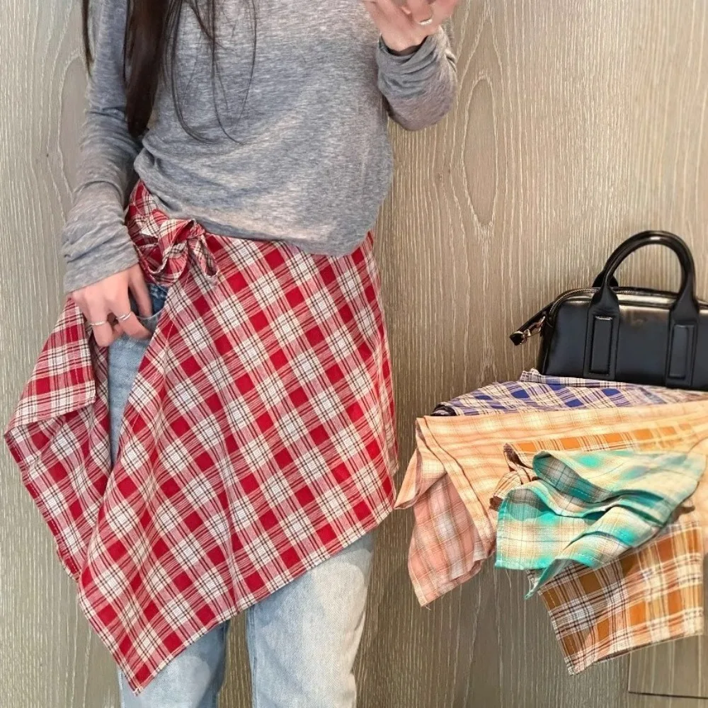 

Short Lattice Mini Skirt Korean Style Waist Blet Decorative Half Body Skirt High Waist Underskirt Irregular Edge Skirt Female