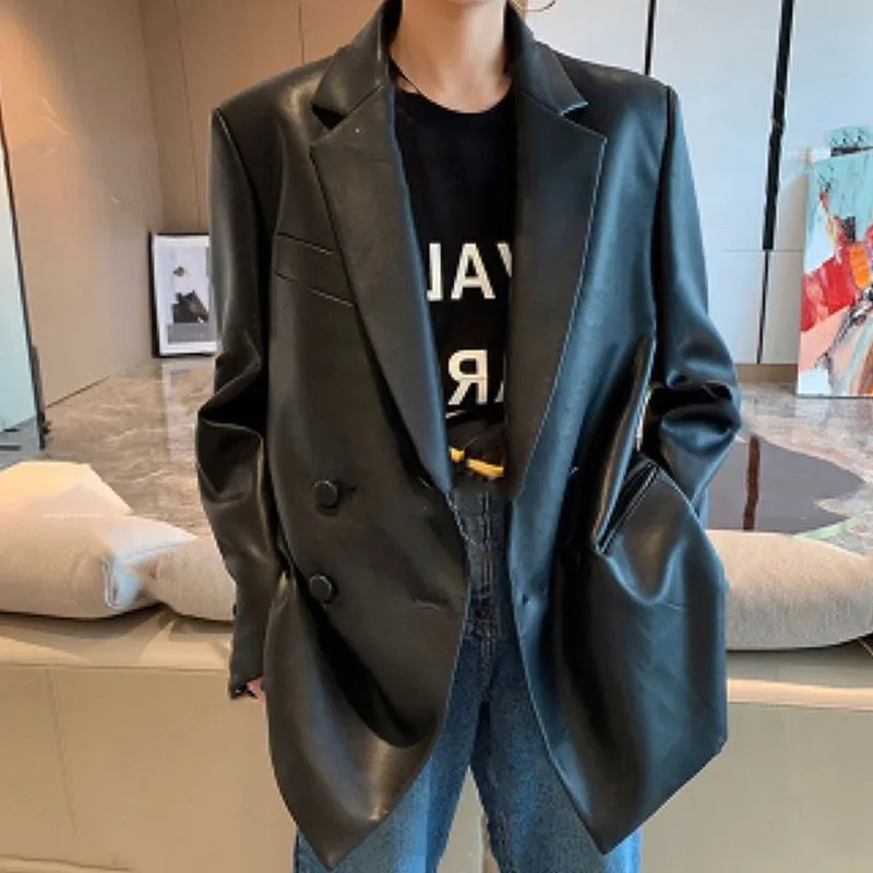

2025 Women Design Sense Casual Loose Faux Leather Coat Spring Autumn Ladies Long Sleeves Jacket Retro Female PU Leather Outwear