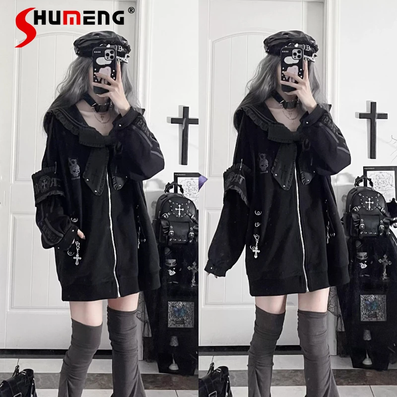 

Japanese Original Print Subculture Embroidery Bow Rivet Loose Sailor Collar Jacket Long-sleeves Zipper Hoodies Coat For Ladies