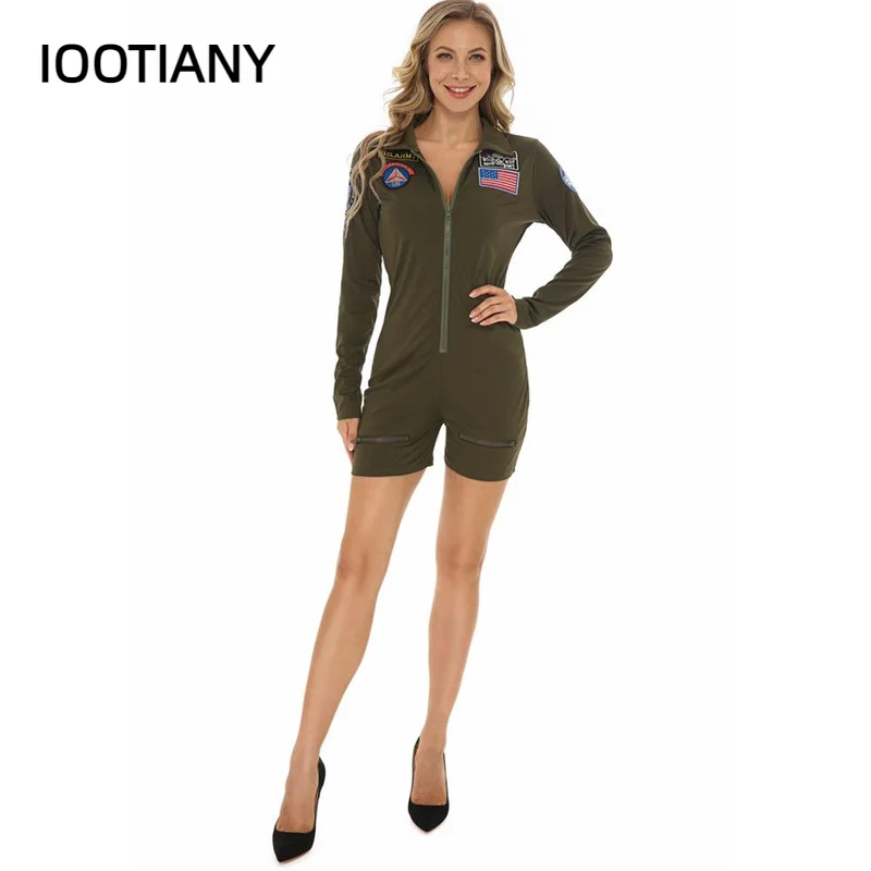 Top Gun Cosplay Amerikaanse Luchtmacht Aviator Uniform Halloween Kostuums Voor Vrouwen Volwassen Legergroen Militaire Piloot Jumpsuit