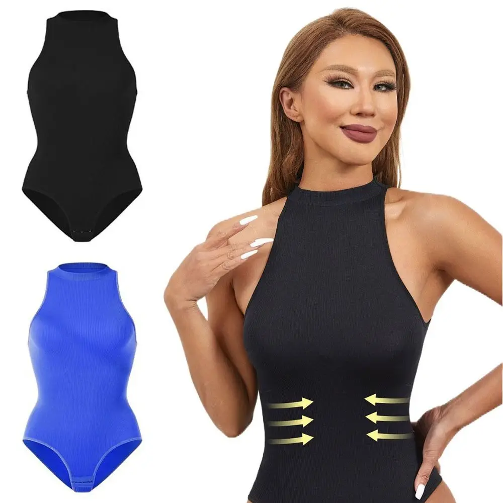 

Comfortable Ribbed Women's Bodysuits Halter Neck Tummy Control Compression Shapewear Thong Sleeveless Full Body Shaper Gym