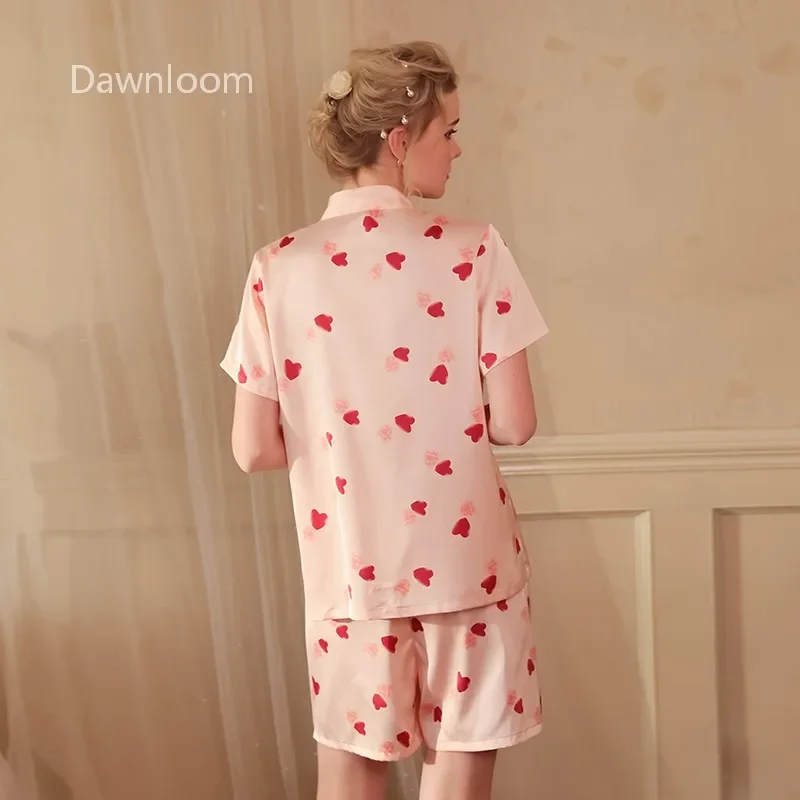 Dawnloom Girl’s Light Pink Heart Print Satin Short-Sleeve & Shorts Two-Piece Pajamas Sweet Vibrant Home Loungewear view 2