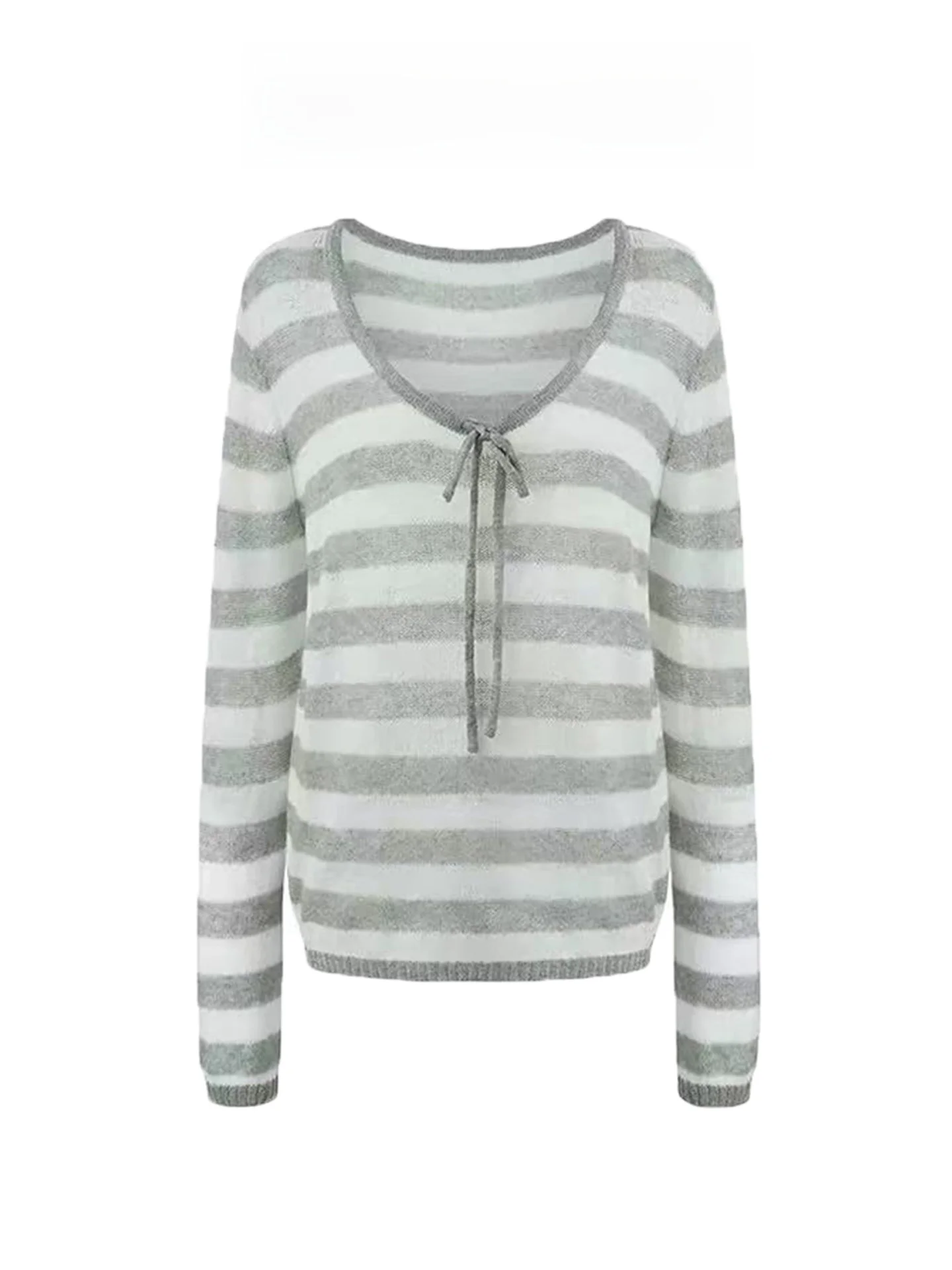 Gray Striped Long Sleeve Knitted Women's Top Shoulder Baring Drawstring Loose Fit Autumn Winter Fashion Korean Style Sweater