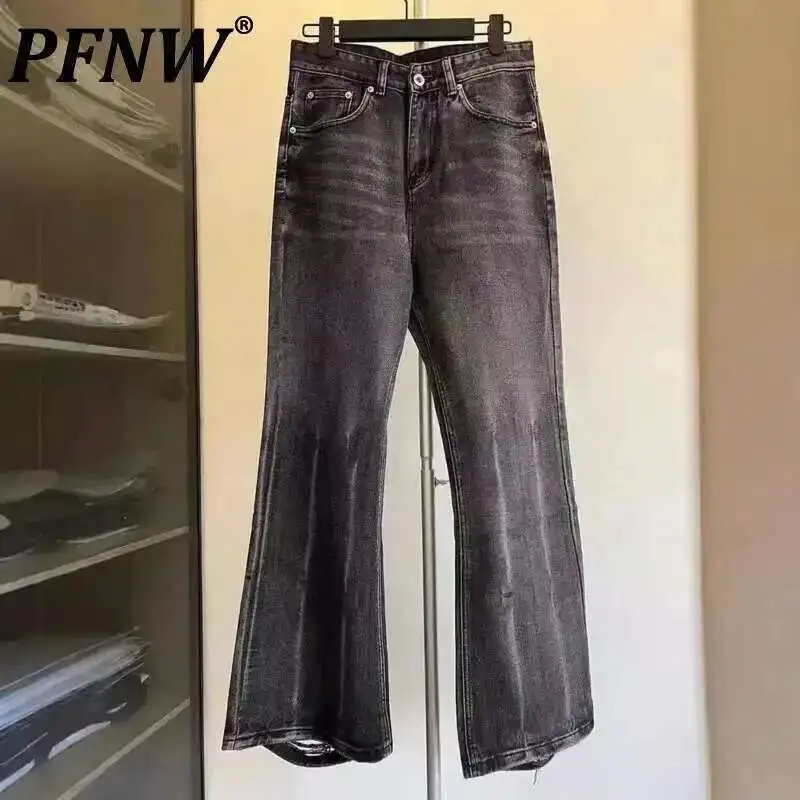 PFNW Distressed Niche Design Black Grey Micro Flared Jeans Men's Loose Trend Straight Hole Bottom Casual Denim Trousers 28W5868