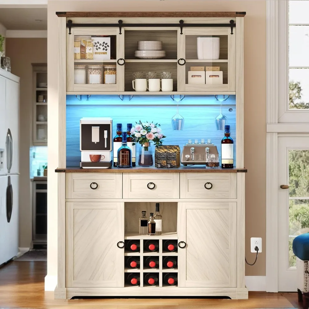 

72" Farmhouse Bar Cabinet with LED Lights & USB Charging, Wine Glass Holder & 9-Bottle Rack, Coffee Bar Sideboard with Sliding