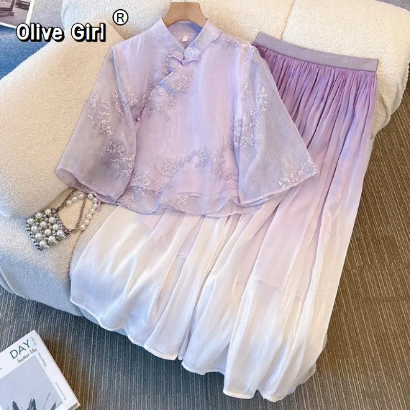 

Olivegirl Embroidered Improved Cheongsam Top Blouse Shirt 2026 Tang Women's Skirt Set Chinese Retro Elegant Violet Clothing