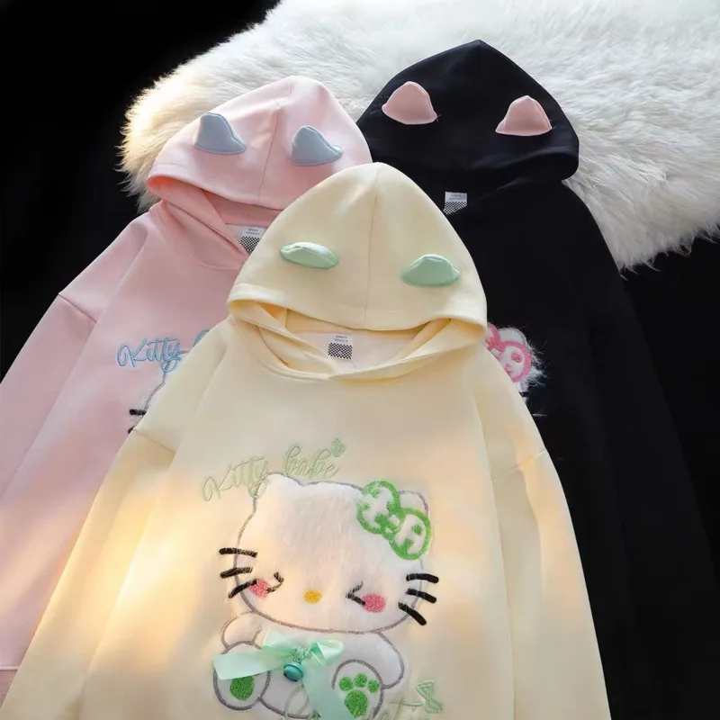 Miniso Hellokitty Y2k Plush Decor Hoodies Kawaii Ears Fleece Hooded Sweatshirt Cute Kitty Loose Pullovers Loose Hoodie For Women