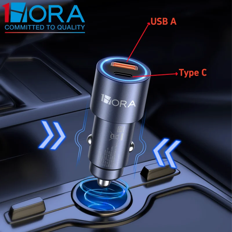 

1HORA GAR241 car charger with USB-A and Type-C output (20W+18W) with 1-meter Type C to Type C data cable set 3X fast charging
