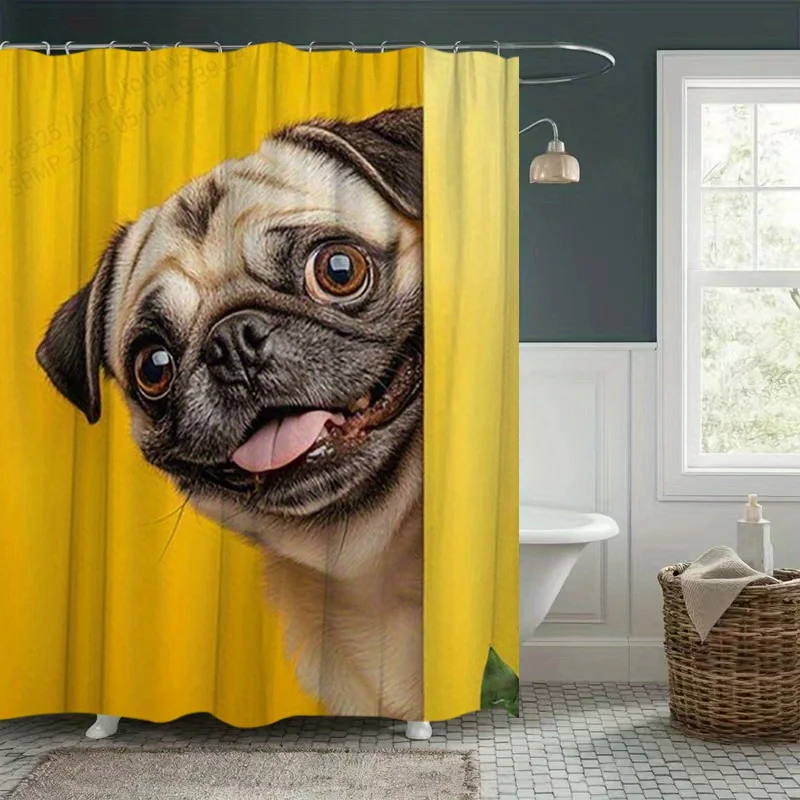 1pc Cute Pug Dog Shower Curtain - Durable Polyester Bathroom Decor with Vibrant Yellow Background & Playful Animal Print