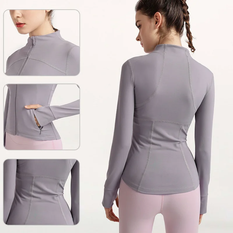 Yoga Top with Thumb Hole Long Sleeve Gym Top Quick-drying Fitness Suit Running Jacket Zipper Front Sports Blouse Women Jogging