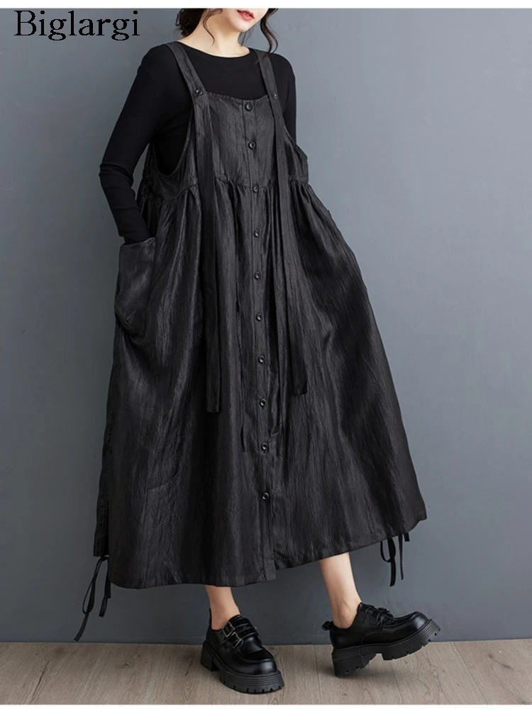 

Sleeveless Summer Autumn Long Strap Dress Women Modis Irregular Pleated Ladies Strap Dresses Oversized Casual Loose Woman Dress