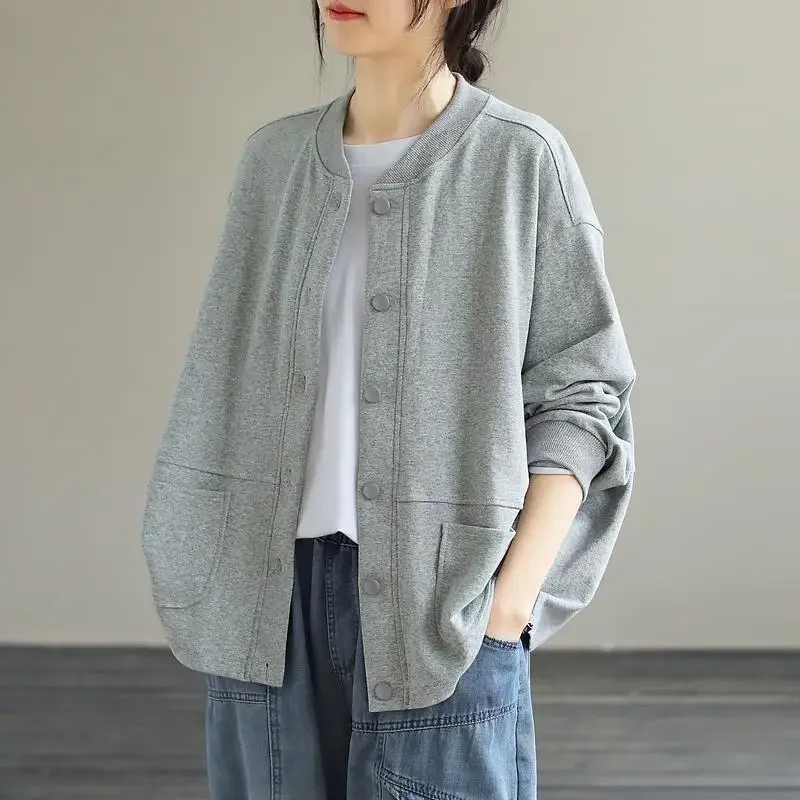 Cinza minimalista cor sólida jaqueta casual feminina versão coreana uniforme de beisebol solto cardigan esportivo