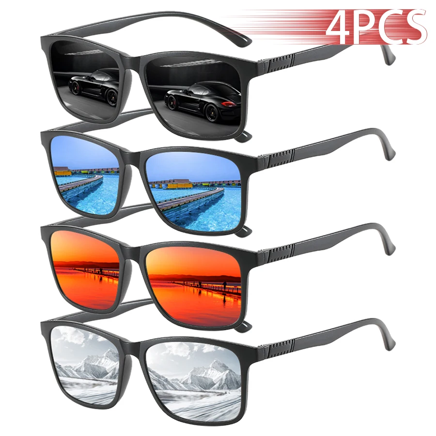 4PCS Fashion Vintage Check Square Sunglasses Men Women Fishing Driving Luxury Brand Designer Sun Glasses Retro Eyewear