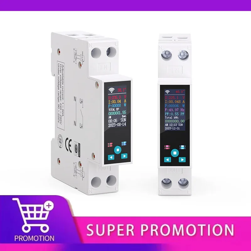 1P 50A Tuya WIFI Smart Switch Circuit Breaker LCD Energy Meter KWh Power Metering Timer Relay Remote Control Smart Life APP