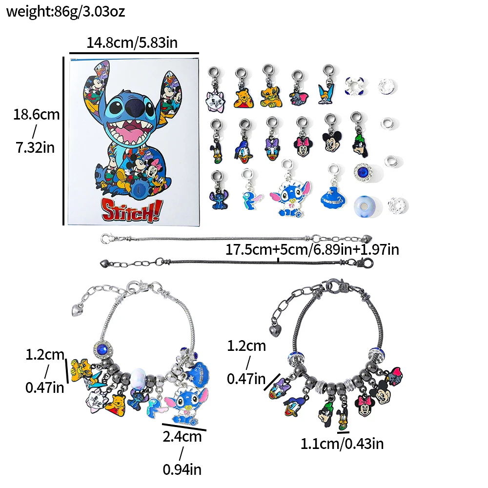 Dijes de Lilo y Stitch de dibujos animados de Disney, caja ciega sorpresa de Adviento, pulsera de moda de punto DIY para regalos de juguetes creativos de cumpleaños