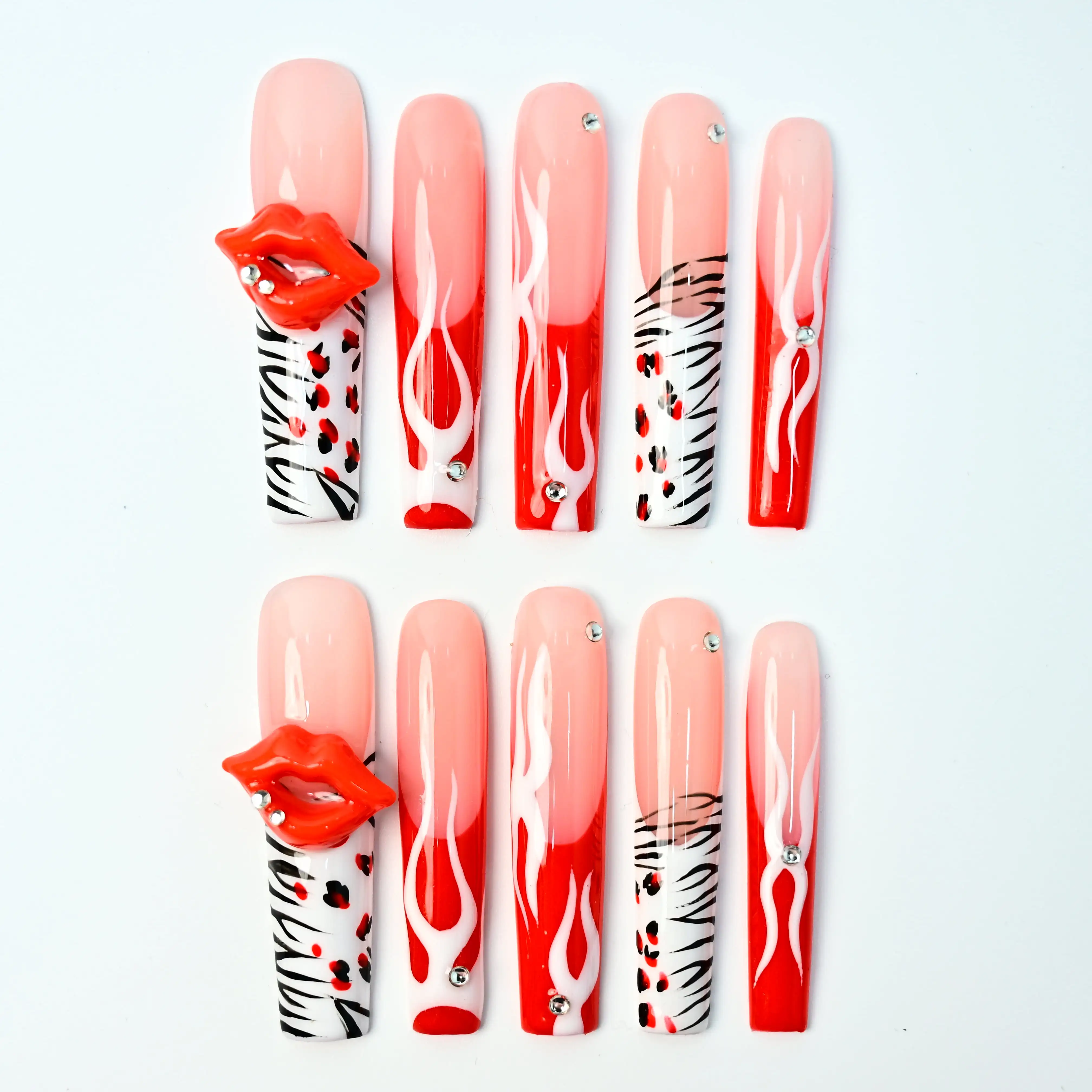 

Handmade Edgy Long Square Press On Nails, Artisan Design with 3D Lip Accents + Flame & Animal Print Details + Sparkling Rhinesto