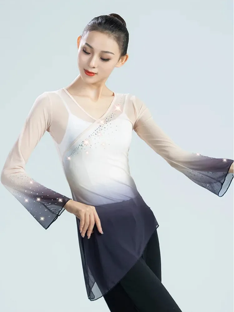 긴 소매 현대 댄스 탑 착용 할로윈 의상 라틴 여성 메쉬 라인 라인스톤 발레 볼룸 셔츠 재즈 그라데이션 성인