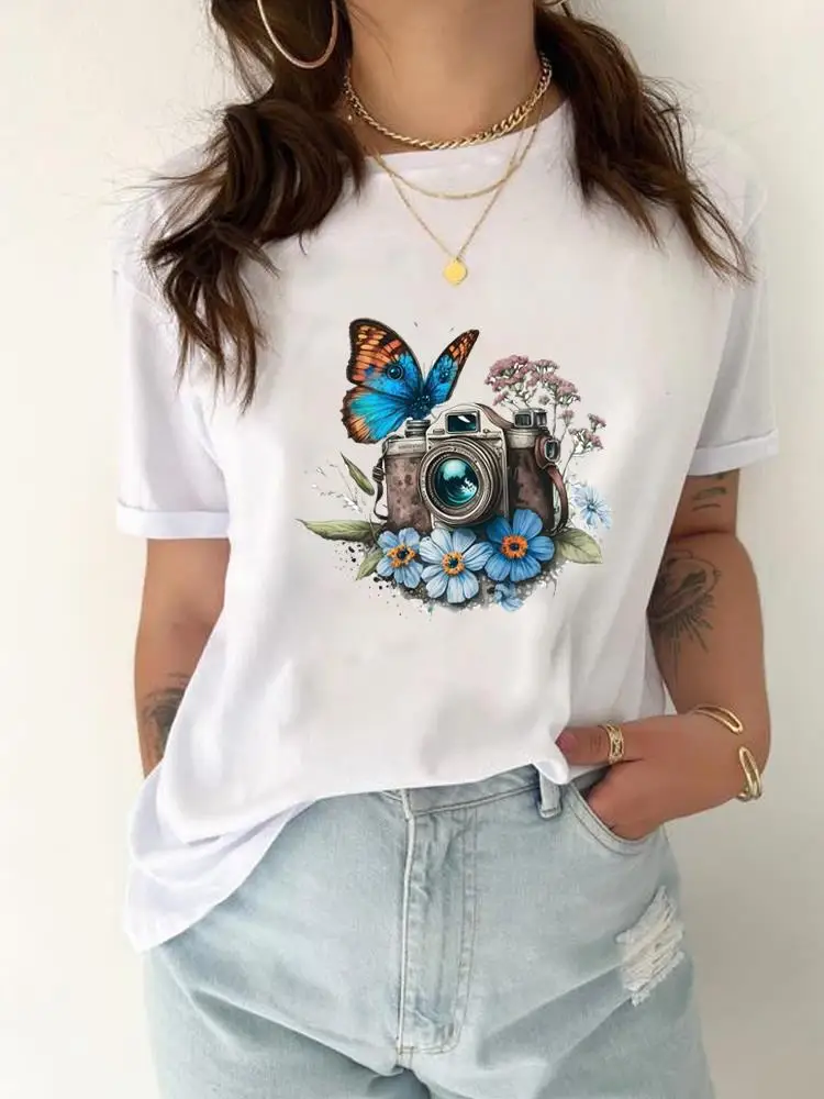 Print T-shirt Top Women Fashion Casual Clothing Female Camera Flower Butterfly Trend Graphic T Shirt Short Sleeve Tee