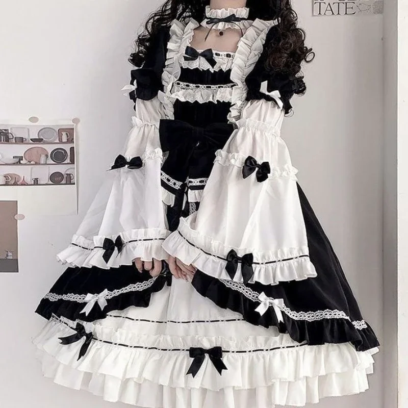 

CON Original Lolita OP Dress Japanese Retro Girls Detachable Sleeves Sweet Cosplay Party Bow Cute Dress With Hair Band Necklace