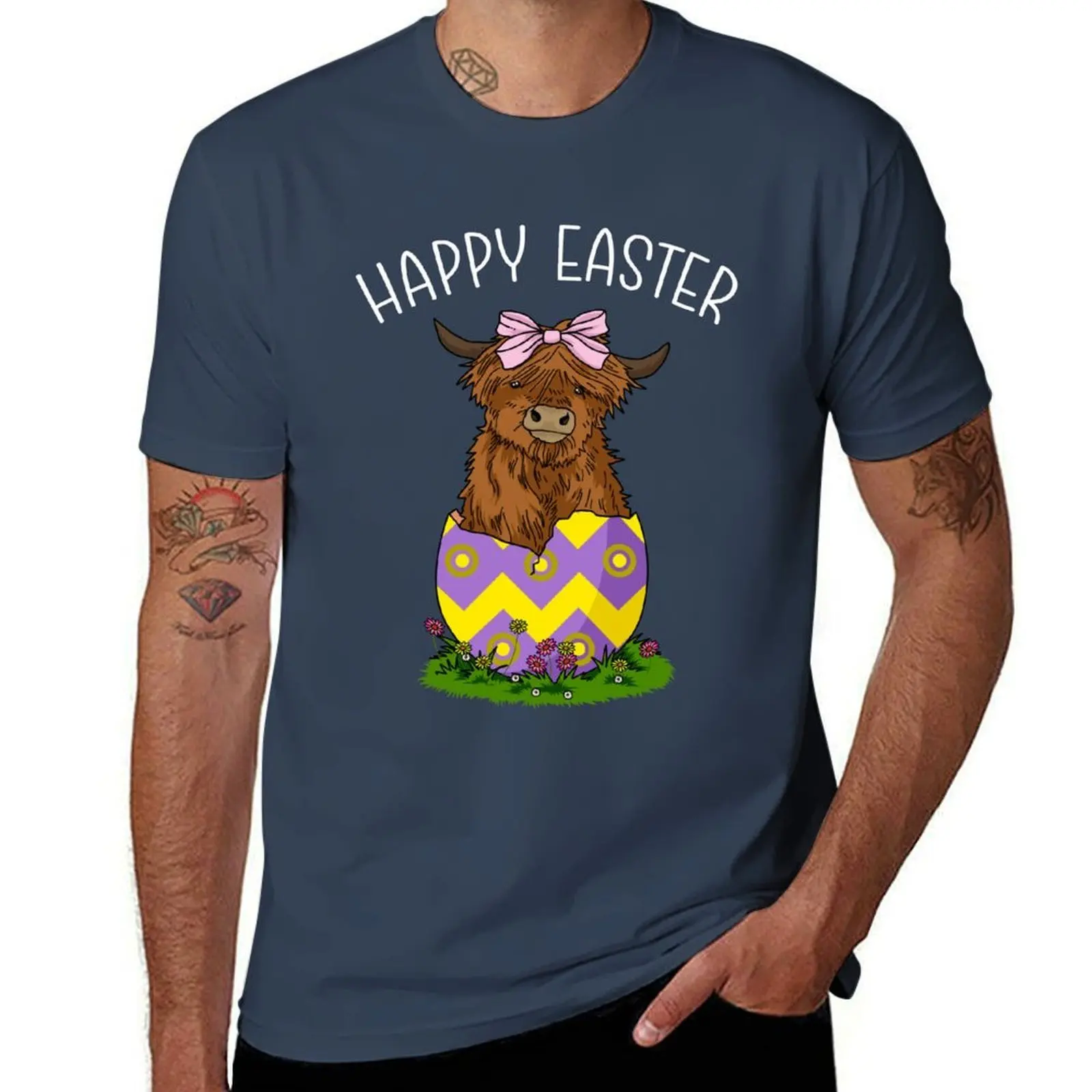 

Gifts Egg Easter Scottish Highland Easter Cow Happy Cow T-Shirt Casual Breathable Short Sleeve Top