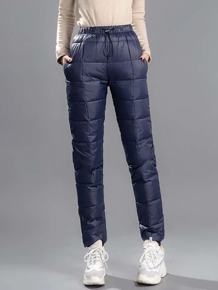 2024 New Autumn Winter Women White Duck Down Pants Fashion Thick Warm Puffy Pants Elastic Waist Slim Windproof Trousers 5XL