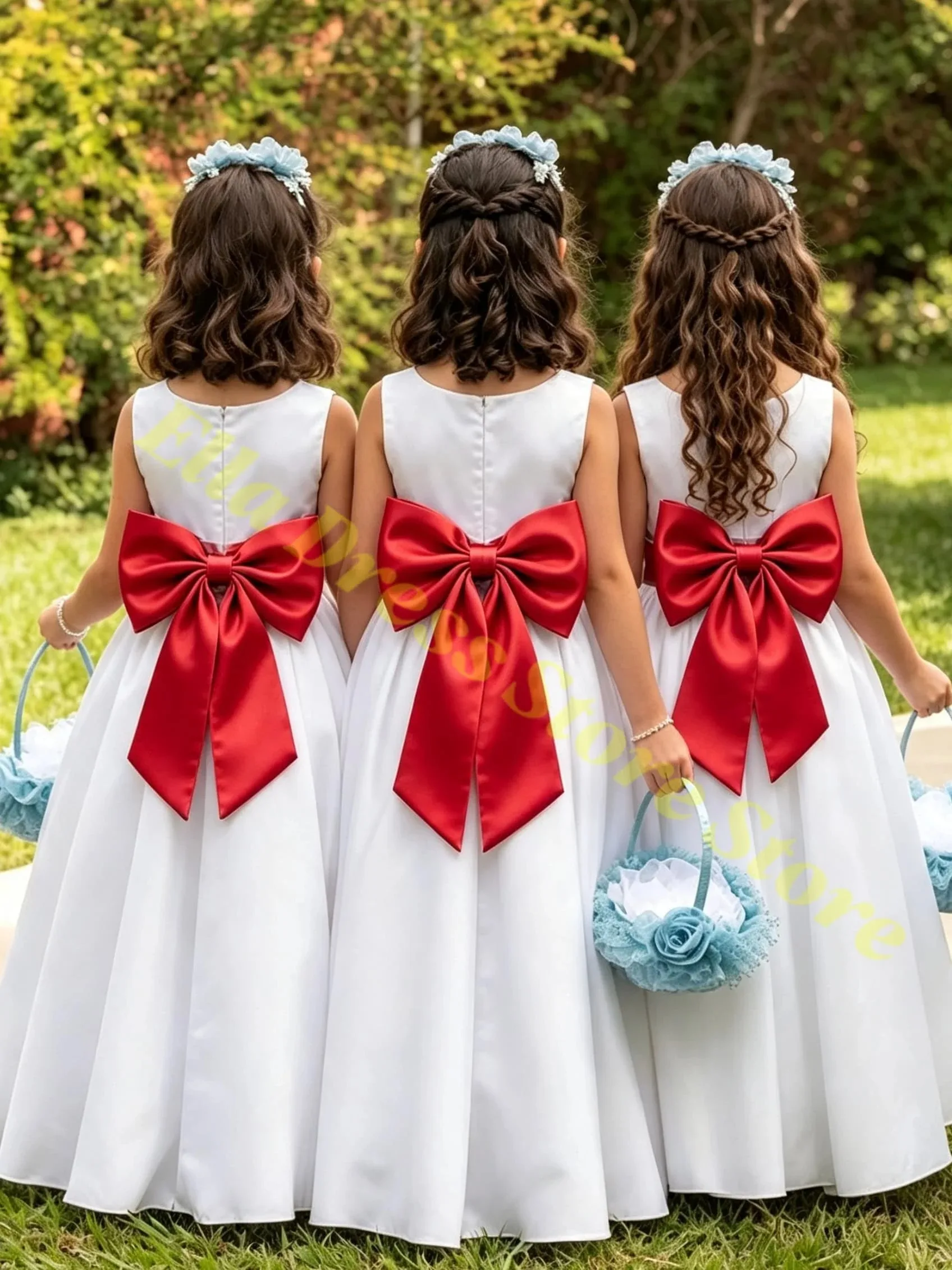 Maßgeschneidertes Elegantes Weißes Blumenmädchenkleid mit Staubig-Rosa Taillengürtel-Schleife für Hochzeitsfeier, Formelles A-Linien-Kleid für Kinder, Großhandel – Detail 3
