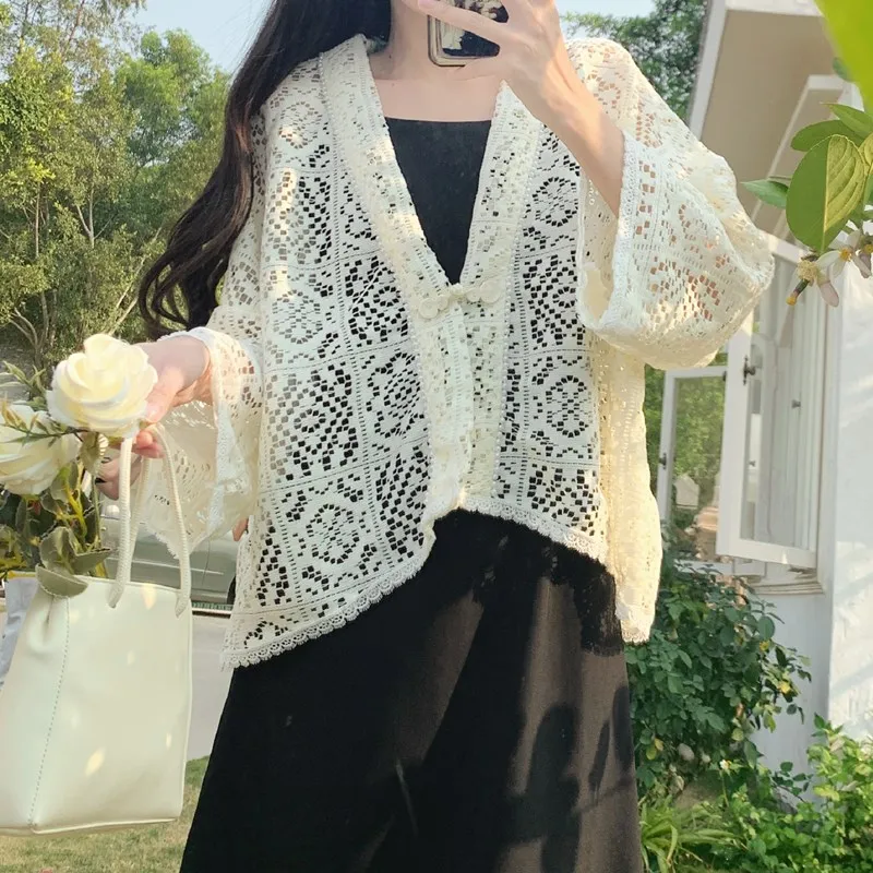 4XL Plus Size Summer Cardigan Women Korean Style Cute Tops Bolero Jacket Beading Buckle Hollow Out White Lace Cardigan