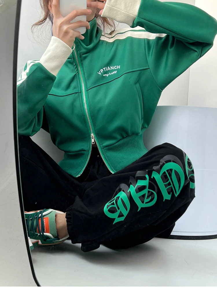 Autumn Double Zipper Baseball Cropped Jacket Women Outerwear Embroidered Striped Green Black White Blue Zip Up Sports Coat 2023