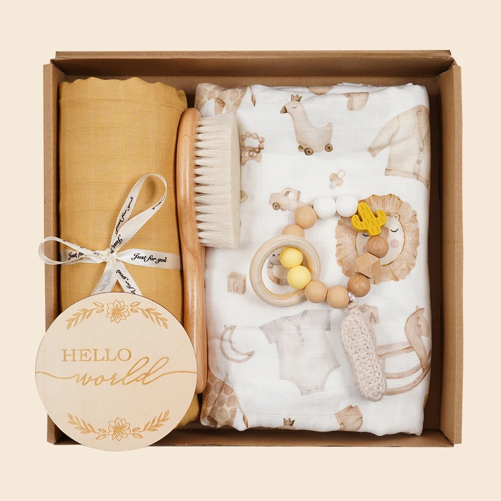 5PCS Thanksgiving Day Gift Set Bamboo Cotton Muslin Swaddle Balnket Comforting Toy With Milestone Card