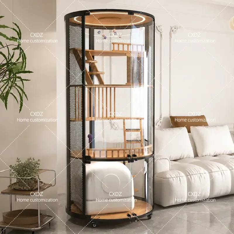 Luxury 360 Panoramic Cat Villa Cage House Solid Wood Steel Glass Smart Cat Toilet Modern Pet Furniture Enclosure