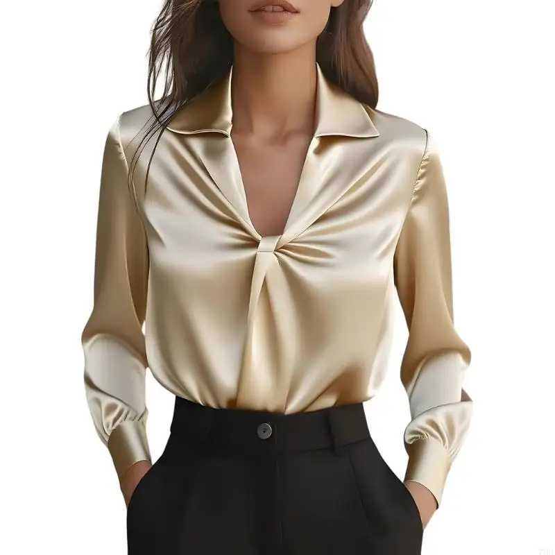 

77HE Womens Satin Silk Shirts Long Sleeve V Neck Lace-Up Blouse Casual Loose Dressy Business Work Office Tunic Tops