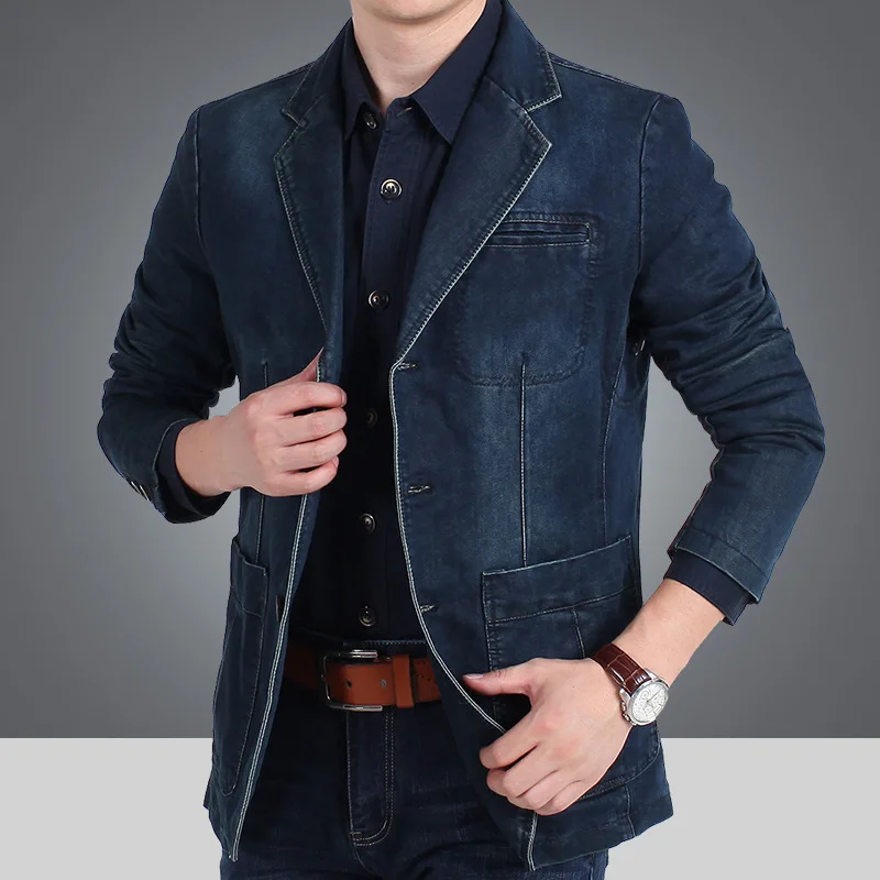 Mens Denim Blazer Fashion Vintage Lapel Collar Cotton Suit Outerwear Male Slim Fit Jeans Coat Denim Jacket Blazer Men's Clothing